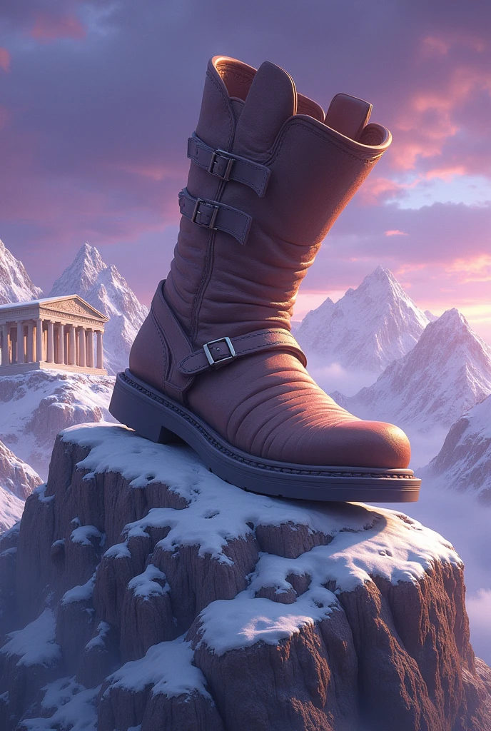 A boot stepping on Mount Olympus with the Pantheon on top with a purple background