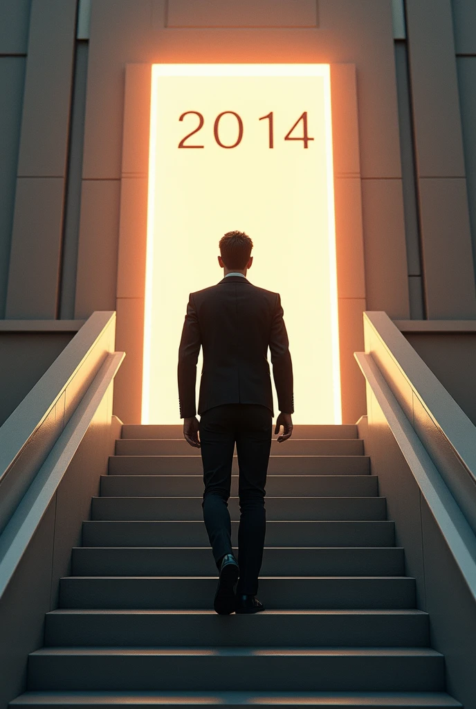 Create a man on top of a futuristic staircase in front of a luminous portal.. Above the door it says 2014. The man is wearing casual but very elegant black clothes..