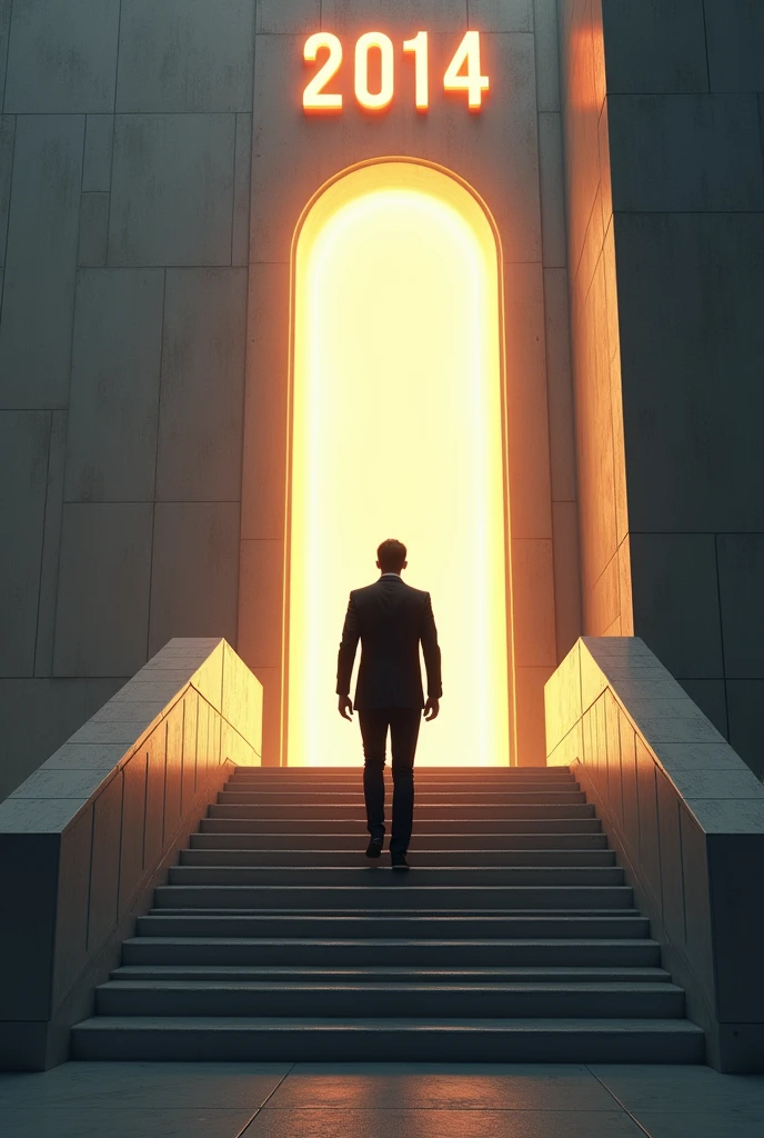 Create a man on top of a futuristic staircase in front of a luminous portal.. Above the door it says 2014. The man is wearing casual but very elegant black clothes..