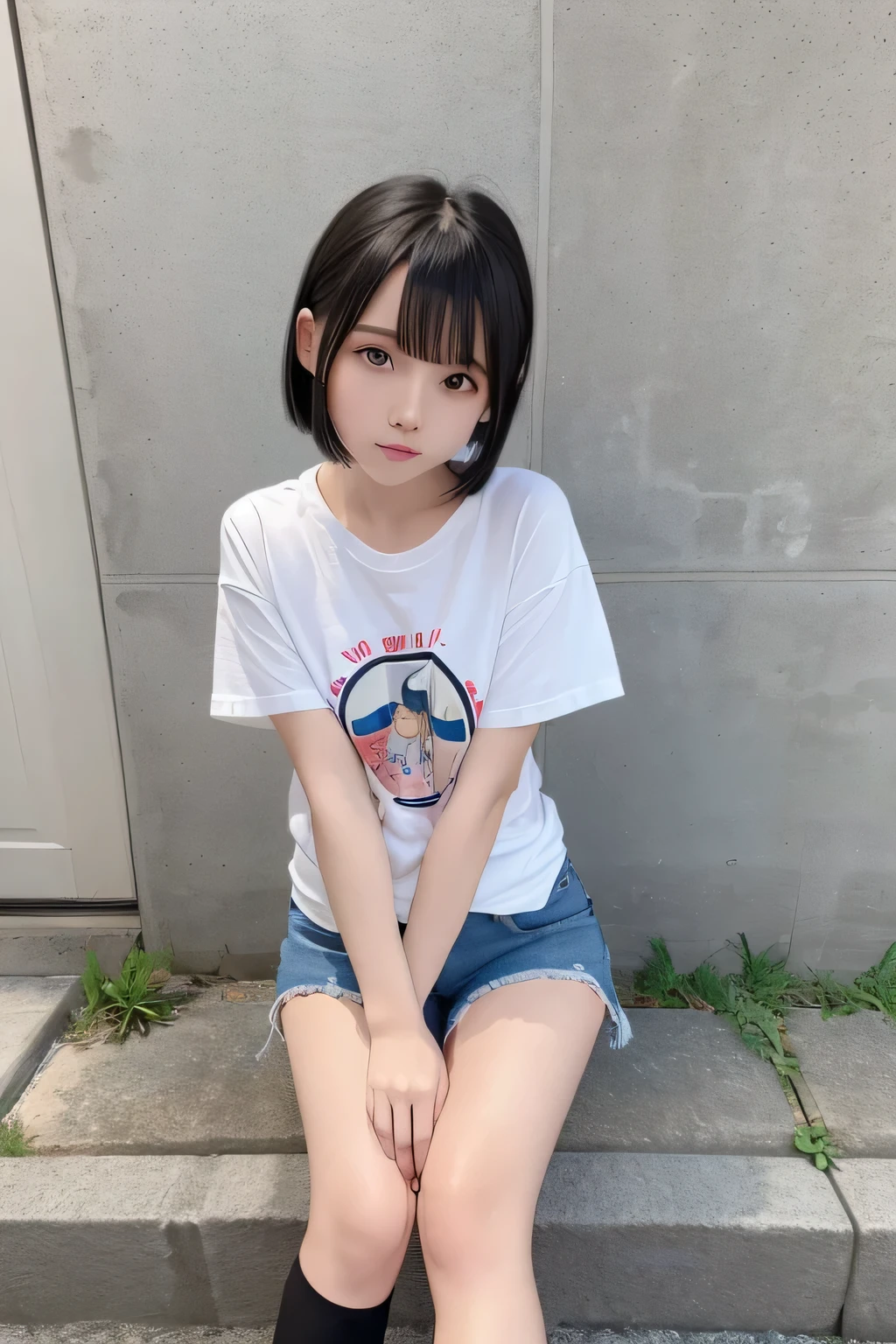 Extremely short, tight, and skinny denim shorts、Beautiful girl.,she is cute and beautiful like an idol.,She is pure and innocent.,She is wearing a T-shirt,High socks and sneakers.Japanese,Black short bob,A shy smile