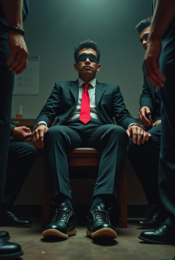 Malaysia malay handsome 19 years
His handcuff in warehouse
Blindfolded
Black Suit and Red tie
feet on desk
A pair of Nike shoes on desk
sweaty each
Black sock
2 man tickle his feet
1 mafia take off his socks
1 mafia use feather tickle his feet
He laugh very hard