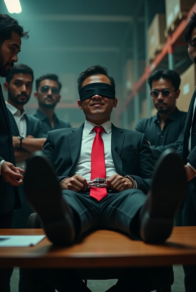 Malaysia malay handsome 19 years
His handcuff in warehouse
Blindfolded
Black Suit and Red tie
feet on desk
A pair of Nike shoes on desk
sweaty each
Black sock
2 man tickle his feet
1 mafia take off his socks
1 mafia use feather tickle his feet
He laugh very hard
