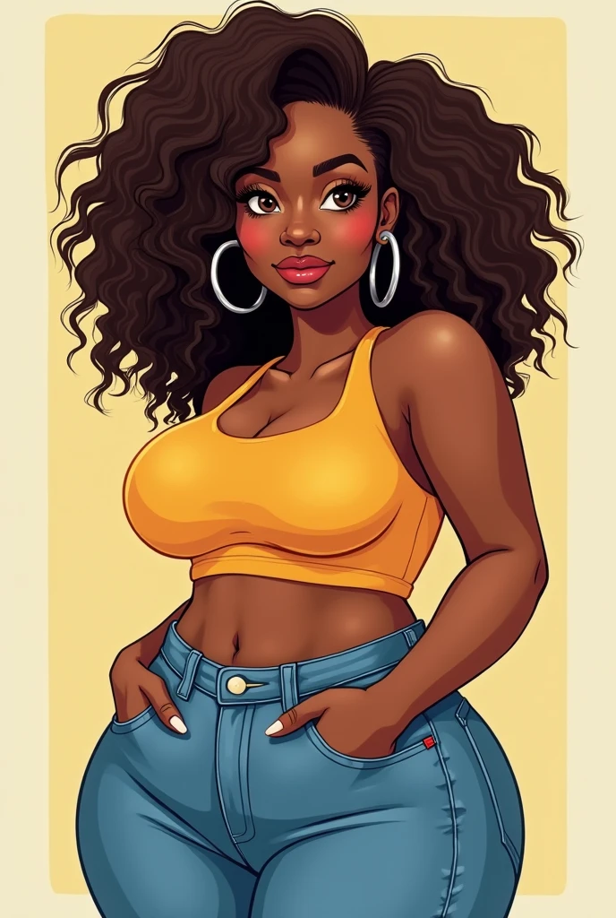 cartoon beautiful black  girl curvy body brown eyes brown hair
 with a
 large silver hoop earrings jeans and top