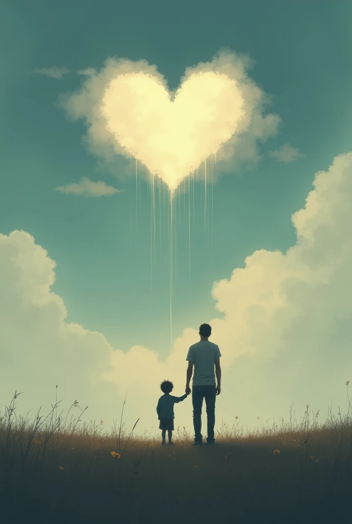 A child and his father with a big heart in the sky far from each other and sad cloud the rain