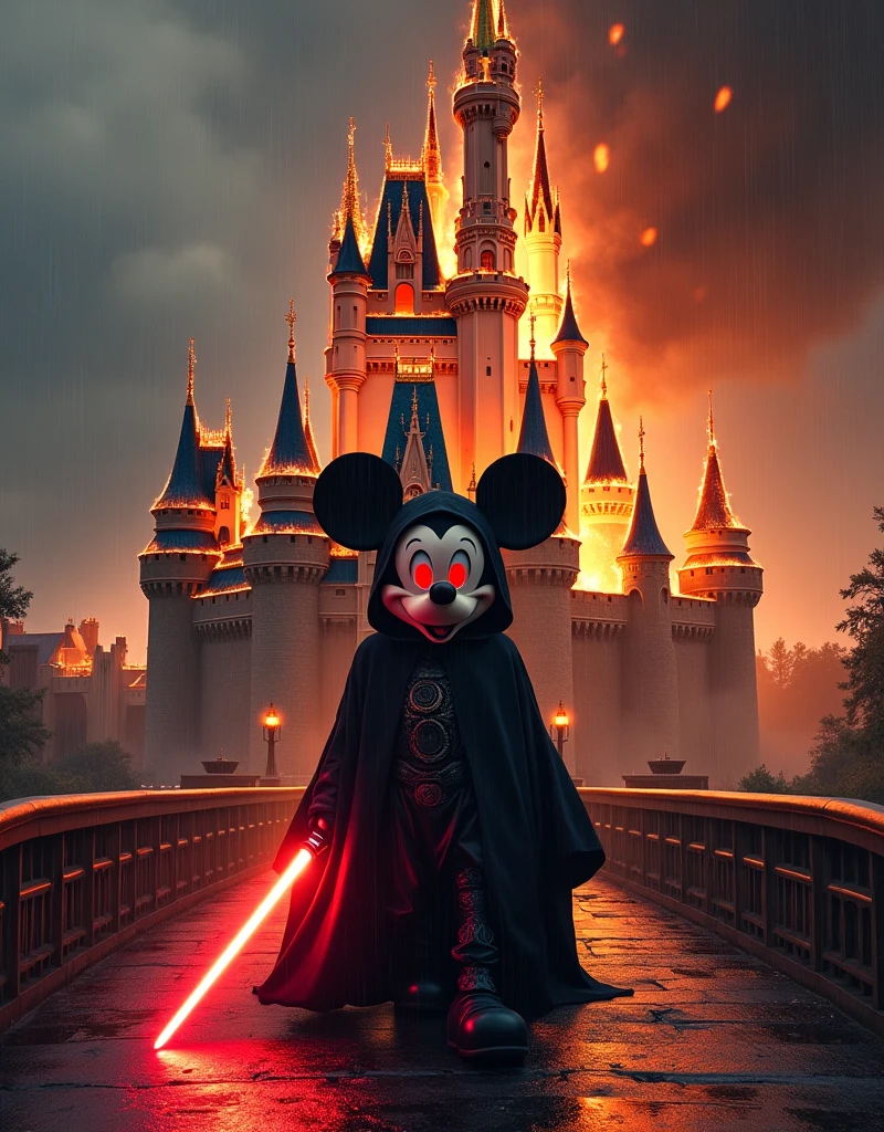 A photo of the Cinderella Castle, visibly collapsing and burning, with parts of the structure crumbling down, surrounded by smoke and flames. In front of the crumbling castle, Mickey Mouse has transformed into a dark fantasy character, dressed in a black, flowing Sith robe from Star Wars with intricate detailing. Mickey's large, round ears stick out slightly from beneath the hood, and his eyes glow a bright, solid red, with no visible pupils or blackness, creating a truly terrifying and otherworldly appearance. He walks alone, head down, across the entrance bridge leading away from the castle, exuding an ominous and menacing presence. His red lightsaber drags slightly along the ground, leaving a trail of sparks. The dark energy swirls around him as he slowly emerges from the chaos. Sparks of fire are scattered throughout the entire image, intensifying the fiery atmosphere. Above, the sky is pitch black, and black rain falls heavily, adding to the apocalyptic and eerie mood of the scene.