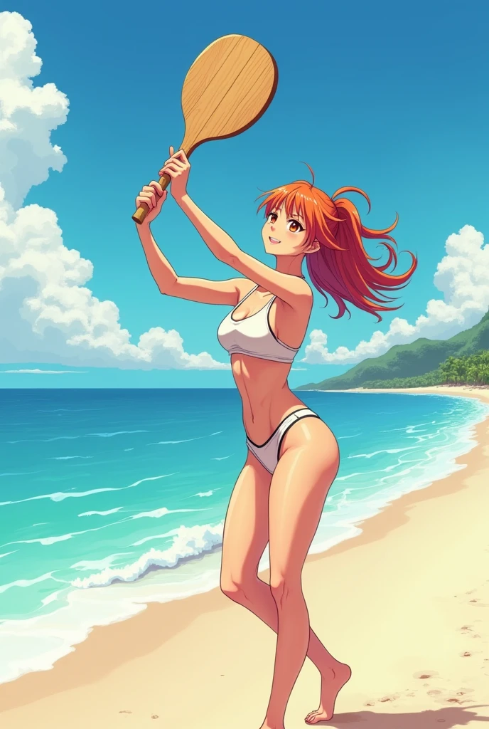 An anime woman on the beach playing sports with a wooden racket with a handle that fits in her hand, standing racket, frescobol
