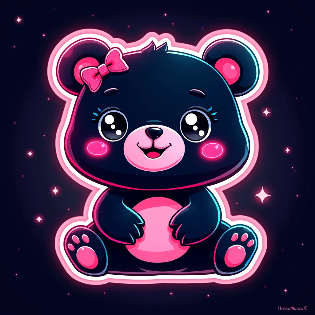 A sticker of a kawaii bear with bright details in neon style, with a dark background that highlights its bright lines. The white border makes it an attractive and modern sticker.
