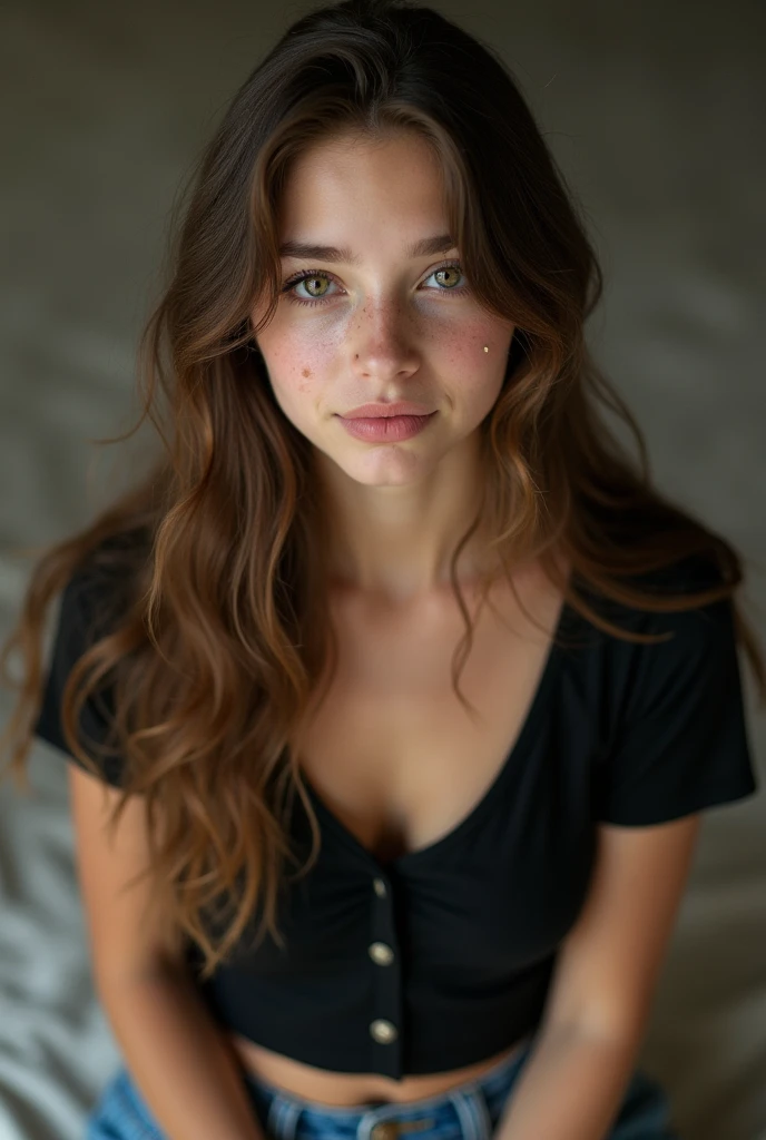 girl with a capul where you can see a little of her forehead with acne spots and some pimples, Brown hair, somewhat wavy to the waist, white test, medium build, of short stature, thick lips a little dry, light brown eyes, He wears a silver ring on his right ring finger, wide leg jeans and short black skeleton blouse