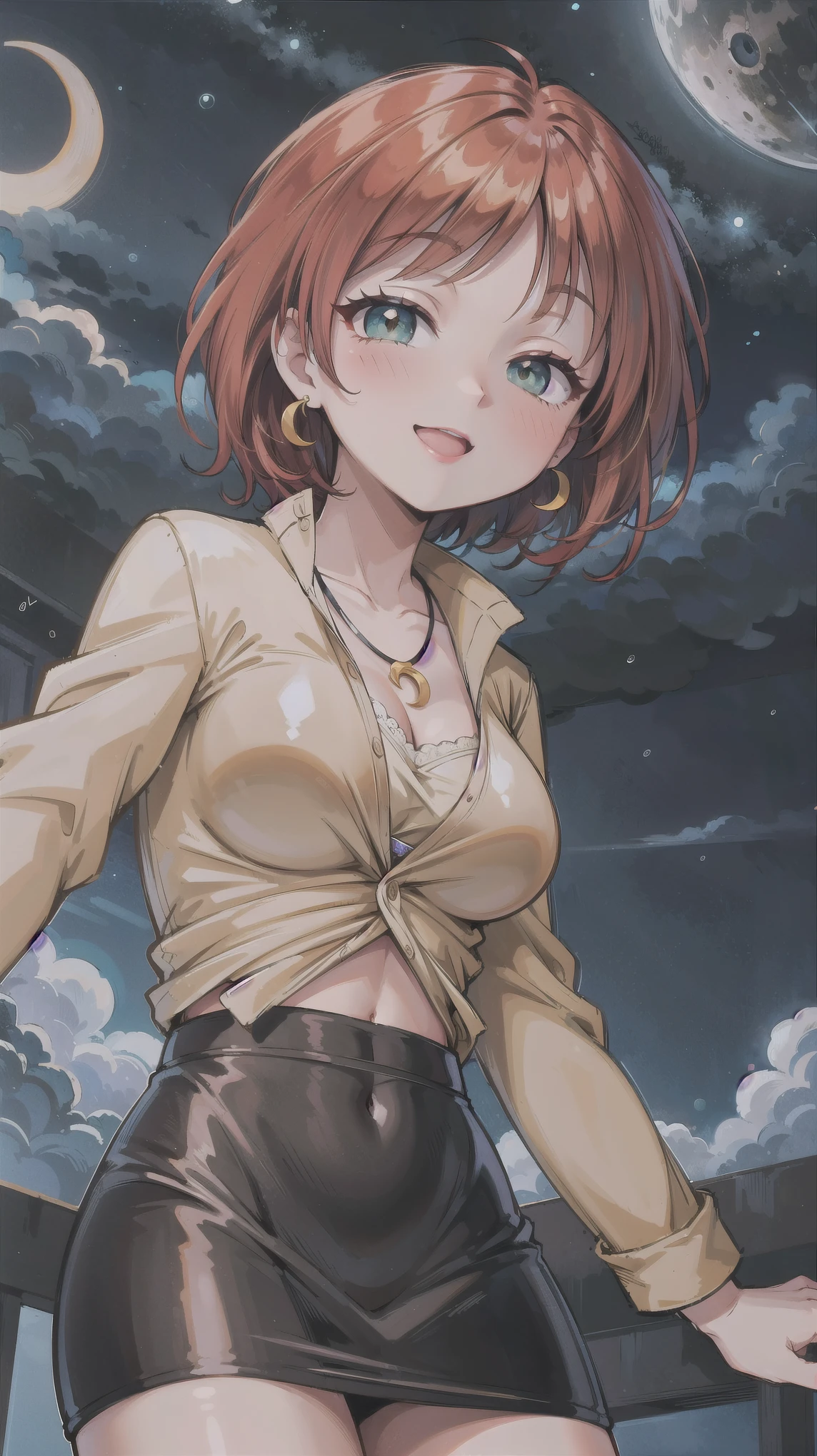 ((super high quality,))((Ultra-high resolution,))(16K,)(super masterpiece,)((Ultra HD ,))(Detailed shading,)Looking up from directly below,One sexy woman,Brown short hair bouncing out,popped Tight collar Yellow shirts,Unbutton your shirt down to your chest,Long sleeve,Cleavage,Black tight skirt,Crescent-shaped earrings,Crescent Necklace,Ecstatic smile,blush,Lean forward diagonally,Night sky with moon and stars,