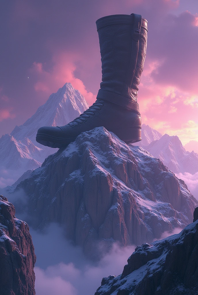 A boot stepping on Mount Olympus with the Pantheon on top with a purple background