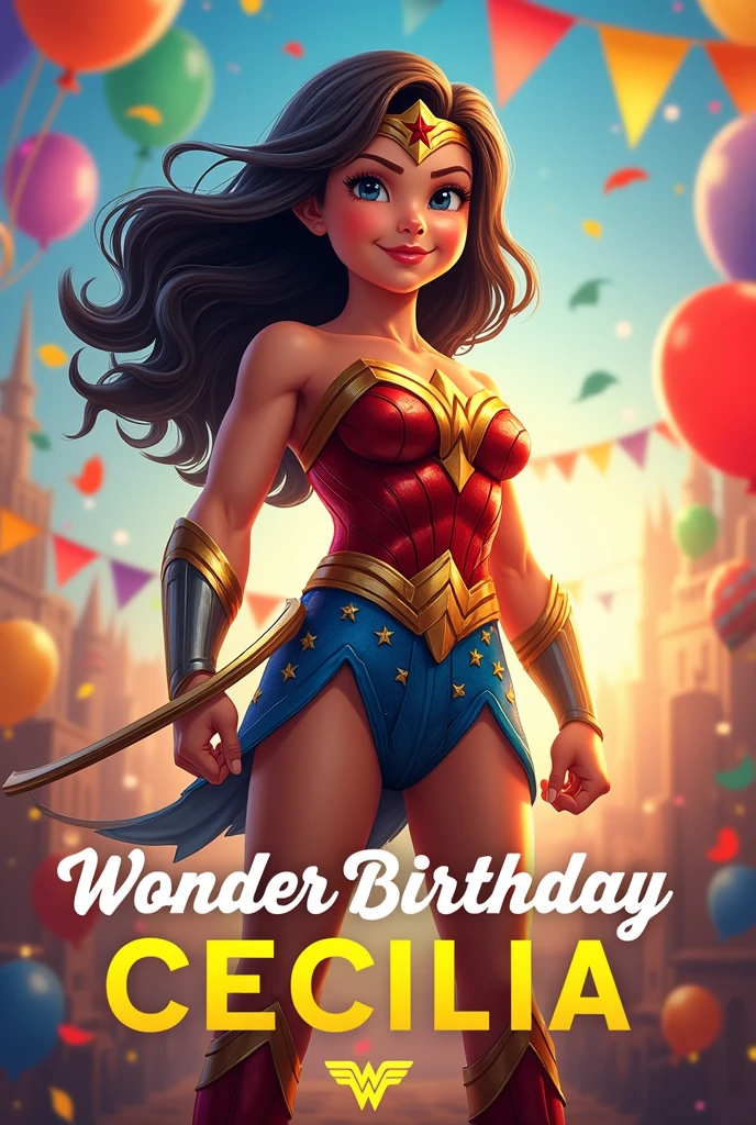 Create a birthday party promotional art for a called, with the theme of wonder woman, put Cecilia's name and age of 2 in the art