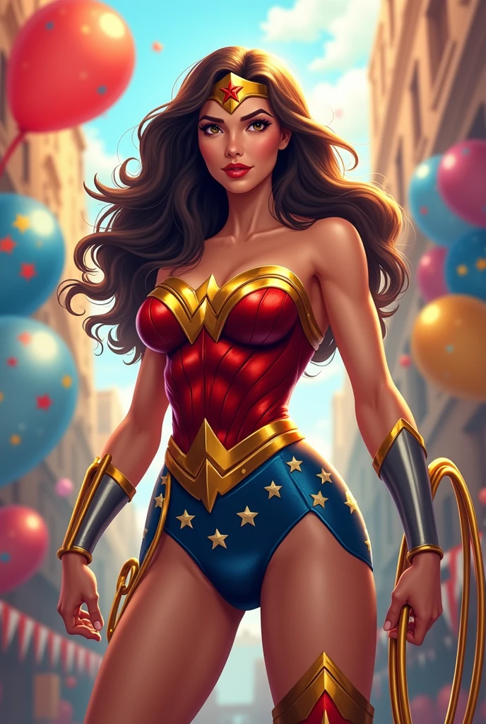 Create a birthday party promotional art for a  called, with the theme of wonder woman, put Cecilia&#39;s name and age of 2 in the art