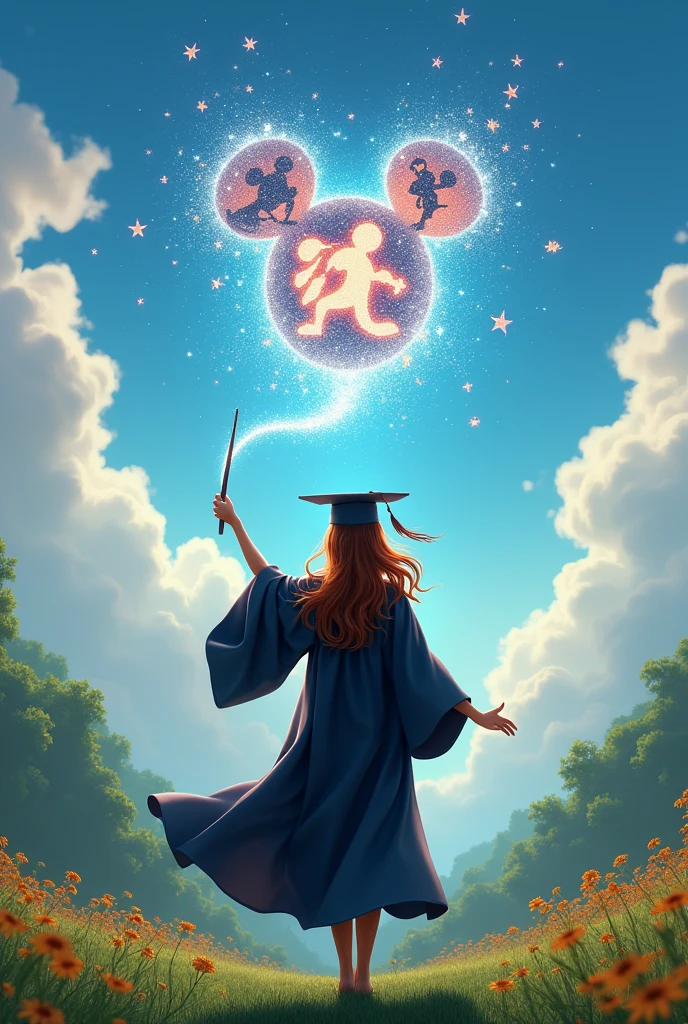 Create an image of a graduating woman from behind making the Disney logo with a wand, Mickey Mouse's, and the background is daytime