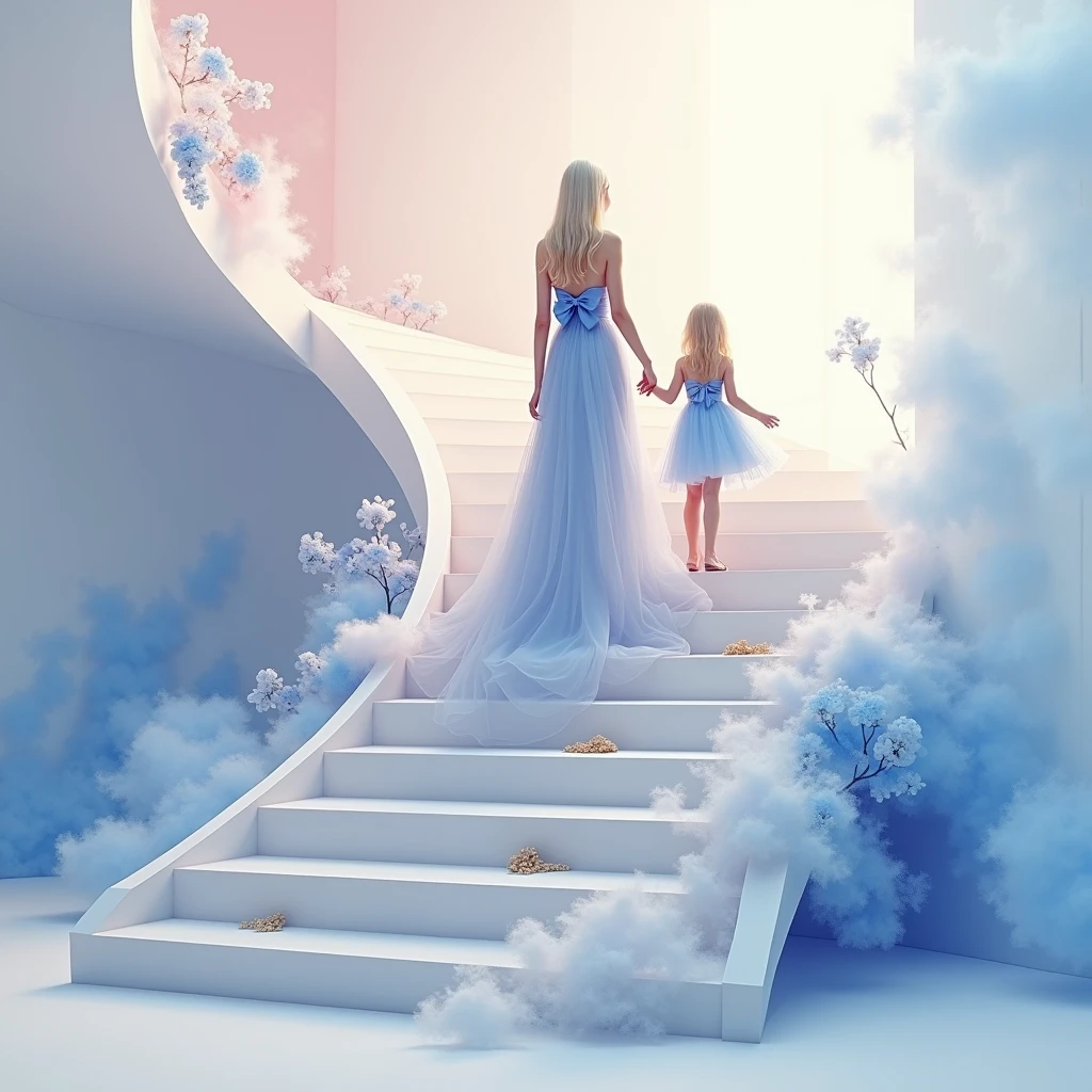 На goldй красивой художественной лестнице, Curved, interesting shape, there is a cute blonde girl holding her little daughter&#39;s hand in a beautiful lush dress with a blue bow, Transparent dress, in extravagant clothes, away from the light pink white fog around and at the feet, minimalist, elegant, pure gentle, Soft bright light, veil, sheer curtains, lace beautiful red lingerie, beautiful white staircase with blue flowers along the entire staircase,, photorealistic. branch one dark blue orchid , with huge and long dark blue petals. (petal made of thin and soft tulle, flowing petals full background, Mix of pink smoke and fog effects from colored blue fog on the ground and petals). Extravagant, beautiful woman full length, nice legs, shoes, , lace,gold, white staircase, strewn with pale pink , screw gold things,, stair, U-shaped, curved and wooden .