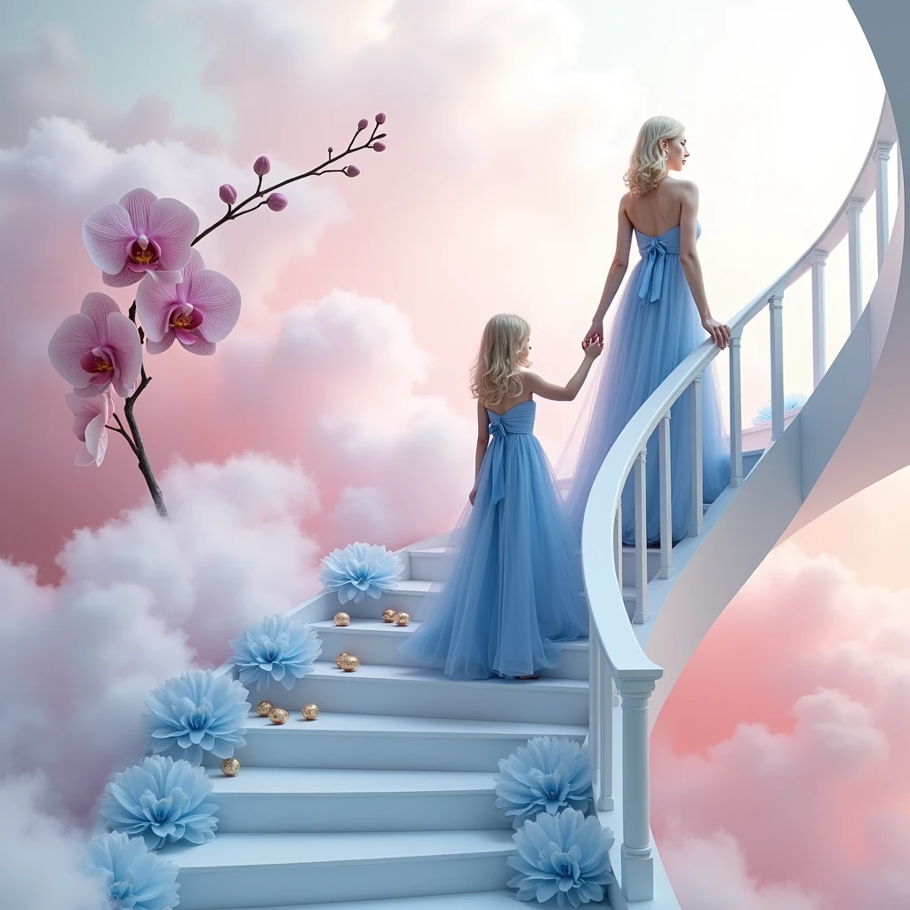 На goldй красивой художественной лестнице, Curved, interesting shape, there is a cute blonde girl holding her little daughter's hand in a beautiful lush dress with a blue bow, Transparent dress, in extravagant clothes, away from the light pink white fog around and at the feet, minimalist, elegant, pure gentle, Soft bright light, veil, sheer curtains, lace beautiful red lingerie, beautiful white staircase with blue flowers along the entire staircase,, photorealistic. branch one dark blue orchid , with huge and long dark blue petals. (petal made of thin and soft tulle, flowing petals full background, Mix of pink smoke and fog effects from colored blue fog on the ground and petals). Extravagant, beautiful woman full length, nice legs, shoes, , lace,gold, white staircase, strewn with pale pink , screw gold things,, stair, U-shaped, curved and wooden .