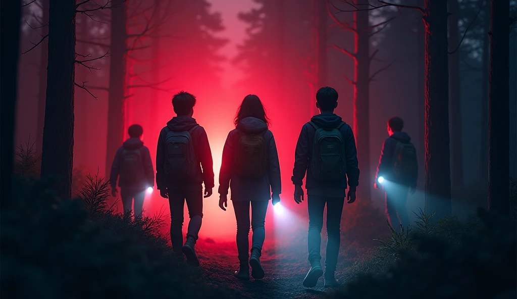 A group of young people at the edge of the forest, illuminated by flashlights, with determined and tense expressions. This indicates their courage in deciding to investigate the source of the red light. The nighttime setting and the shadows of the surrounding trees add a touch of suspense., Vibrant, Cyberparadism, drawing, wide shot, Substance 3D, Motion blur, Sticker, analogous colors, Dreamlike, spectrography lighting, Ultra realistic --ar 16:9