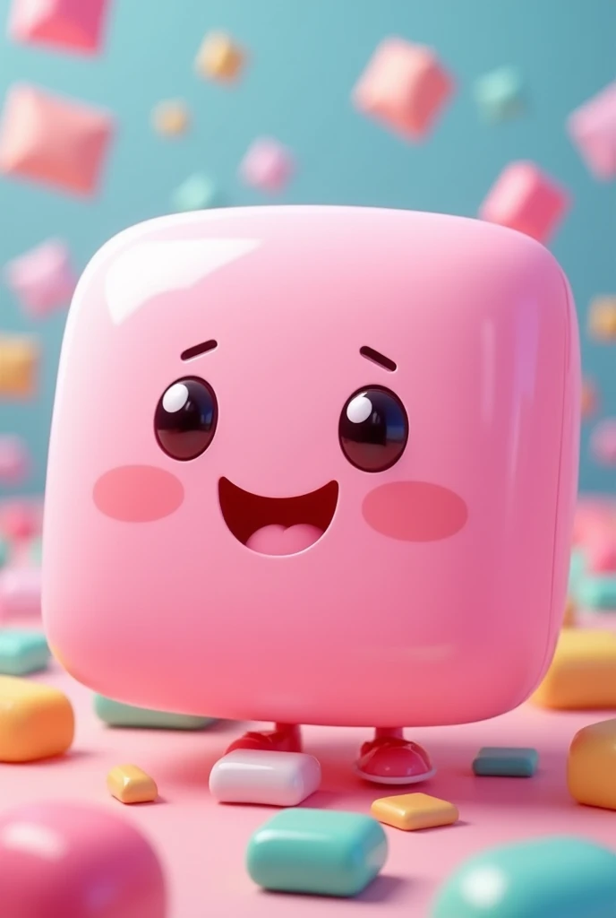 Create a pink square bubble gum with a happy face by making a bubble gum with your mouth and the white background full of mini square and colorful bubble gums scattered in the background