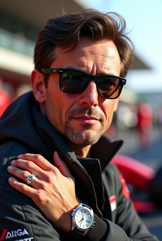 (photorealism:1.1) a man with dark brown hair and brown eyes in the Formula 1 pitlane in Monza wearing Rayban sunglasses and an Omega and wearing a wedding ring and credentials 8k ultra realistic super detailed