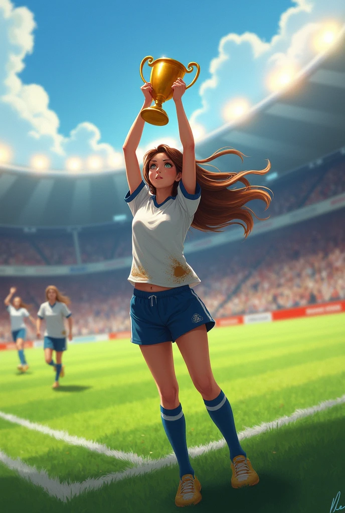 Brown hair, A beautiful girl with brown eyes, green Eyed, A brunette football player lifts a trophy from the football field 