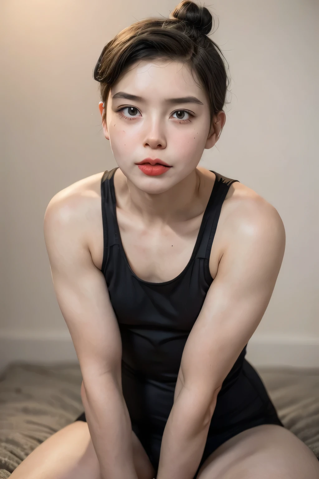 ((FEMBOY THICKLIPS:1.8)), ((PINK COLOUR)), (((SAD FACE EXPRESSION:1)), ((NECK LACE)), ((GOTHIC BLACK EYELASHES & LIPS)), ((NAKED BLACK LIPS)), ((BUN HAIRSTYLE)), adorable, 1 girl, (face to face), , baby face, happy, half body portrait, (face details: 1), (eye details: 1), ((small breasts)). ((CROPPED SINGLET)), ((net stockings)), ((red lips)), view from lie down, WELCOME TO THE MOON