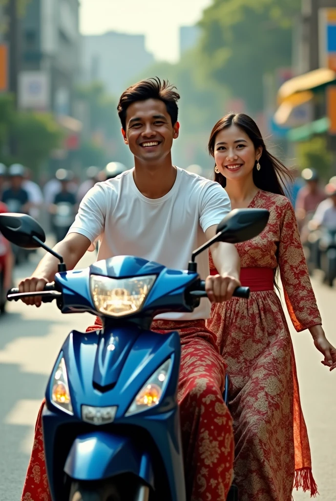 A man wearing malay traditional attire with pelikat sampin and white tshirt riding a yamaha xmas motorcycle with a freehair girl wearing traditional baju kurung