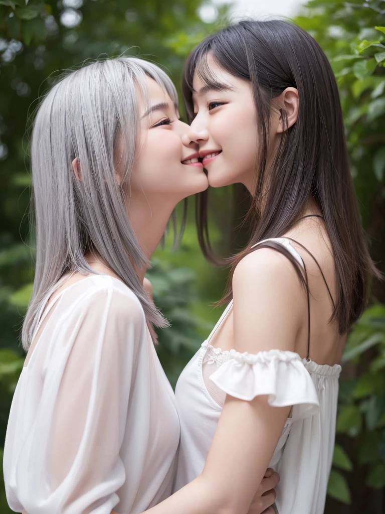 High resolution, Small breasts、White clothes、Transparency、smile、twins、Deep Kiss、Gray Hair, Bob Hair,