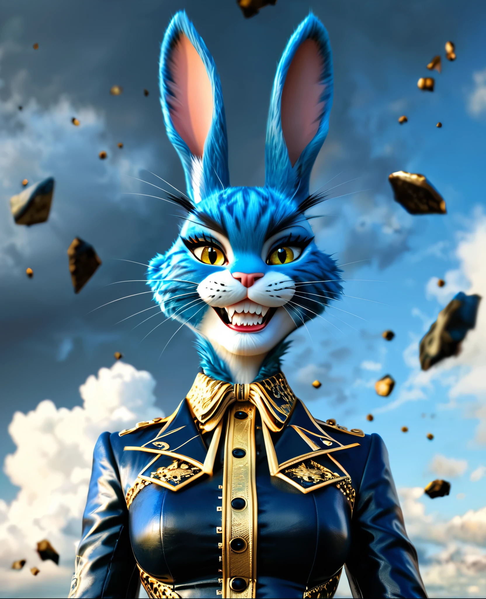 Surreal, fantasy-style digital artwork featuring a highly detailed, anatomically correct humanoid rabbit and a large, menacing blue cat in 4K resolution. The humanoid rabbit stands confidently on a platform, wearing a intricate, checkered black and white outfit with a long, fluffy tail and elongated ears. The rabbit's face is obscured by a mask, adding to the mysterious and eerie atmosphere. Behind the rabbit, the enormous blue cat with piercing yellow eyes and a wide, sinister grin dominates the background, showcasing its razor-sharp teeth and luxurious, detailed fur in shades of blue. The background consists of a cloudy sky with a greenish hue, and various floating debris, enhancing the chaotic and fantastical setting, created with exceptional skill and attention to detail, worthy of an award-winning masterpiece.