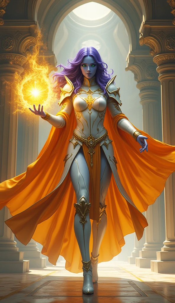 fantasy portrait  art, dnd art, RPG art, wide shot, (masterpiece: 1.4) intense details, highly detailed, photorealistic, best quality, highres, portrait a female (fantasy art, Masterpiece, best quality: 1.3) ((blue skin: 1.5)), intense details facial details, exquisite beauty, (fantasy art, Masterpiece, best quality) cleric, (blue skinned: 1.3) female, (purple hair: 1.3), long hair, ((no ears: 1.5)), (green eyes: 1.3), casting yellow radiant spell, wearing heavy (white armor: 1.3), wearing high heeled boots, wearing an (orange cloak:1.3), wearing glowing holy symbol, within fantasy temple background, reflection light, high details, best quality, 16k, [ultra detailed], masterpiece, best quality, (extremely detailed), close up, ultra wide shot, photorealistic, RAW, fantasy art, dnd art, fantasy art, realistic art,((best quality)), ((masterpiece)), (detailed), perfect face, art by mooncryptowow