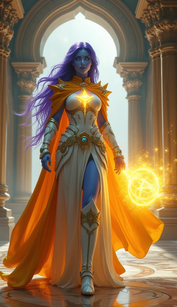 fantasy portrait  art, dnd art, RPG art, wide shot, (masterpiece: 1.4) intense details, highly detailed, photorealistic, best quality, highres, portrait a female (fantasy art, Masterpiece, best quality: 1.3) ((blue skin: 1.5)), intense details facial details, exquisite beauty, (fantasy art, Masterpiece, best quality) cleric, (blue skinned: 1.3) female, (purple hair: 1.3), long hair, ((no ears: 1.5)), (green eyes: 1.3), casting yellow radiant spell, wearing heavy (white armor: 1.3), wearing high heeled boots, wearing an (orange cloak:1.3), wearing glowing holy symbol, within fantasy temple background, reflection light, high details, best quality, 16k, [ultra detailed], masterpiece, best quality, (extremely detailed), close up, ultra wide shot, photorealistic, RAW, fantasy art, dnd art, fantasy art, realistic art,((best quality)), ((masterpiece)), (detailed), perfect face, art by mooncryptowow