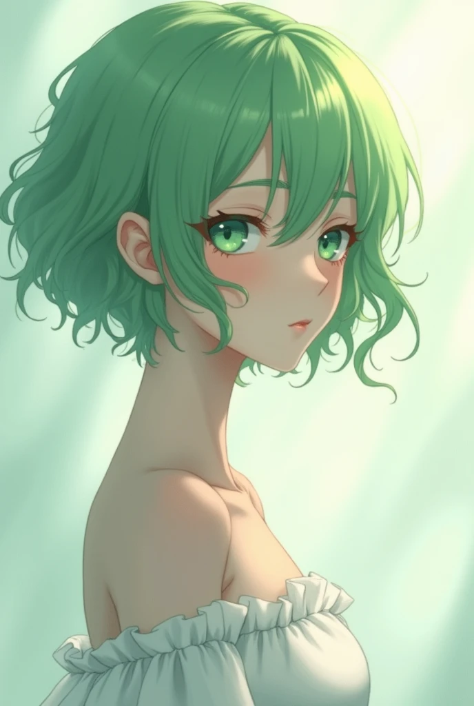 Anime girl with short green fluffy hair on the face with white clothes with dark and slim body 