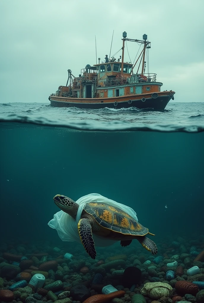 image of a boat at sea removing garbage with an island of garbage next to it and a turtle being suffocated by a bag on the seabed