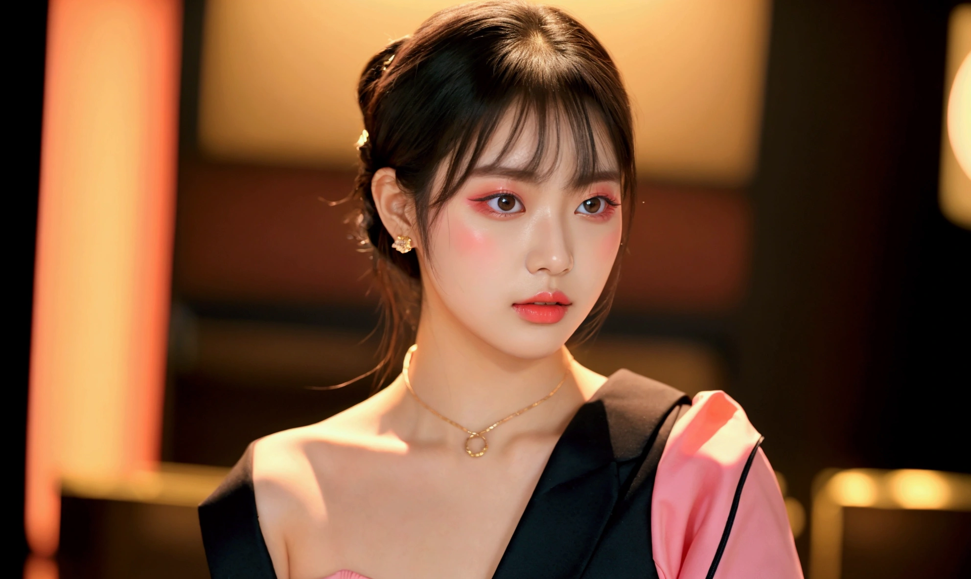 Img21mg shows the model wearing a kpop style outfit, she is an idol, and wears bright, cute makeup, with a bright and captivating highlighter. Her outfit is salmon pink with black.