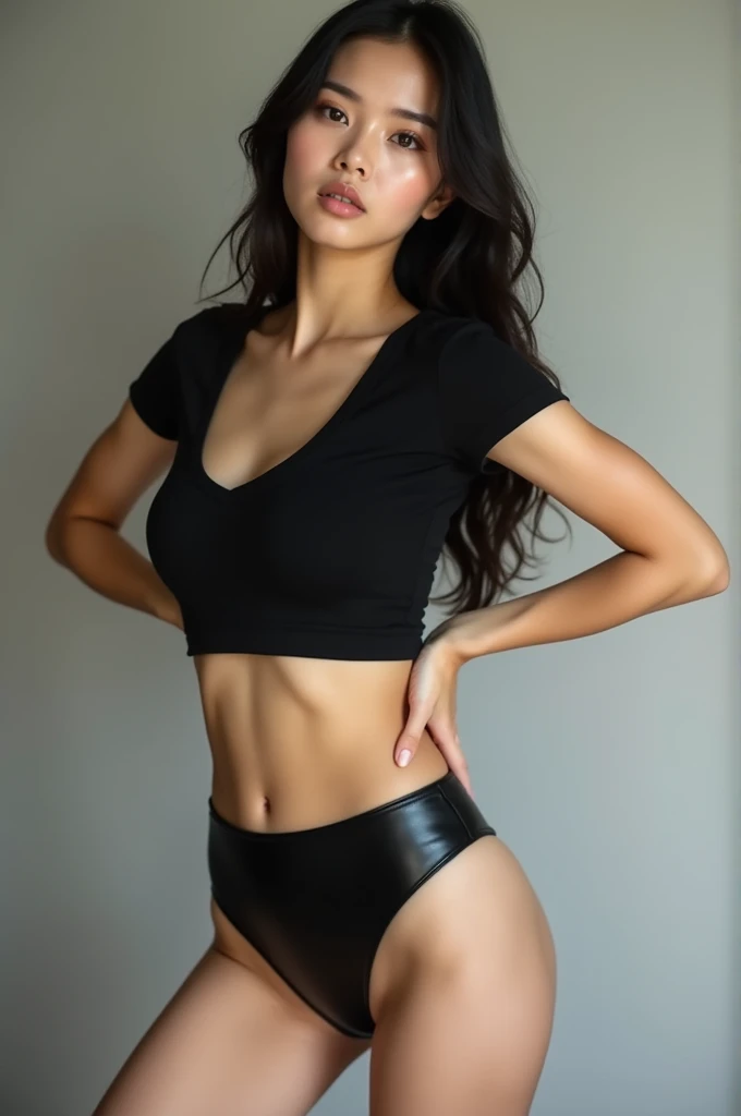 Asian Girl in white good and tight black leather micro hotpants posing for photo, whole body, With a cropped t-shirt, good, slim body, voluptuous breasts, Slender female model, armpit exposure