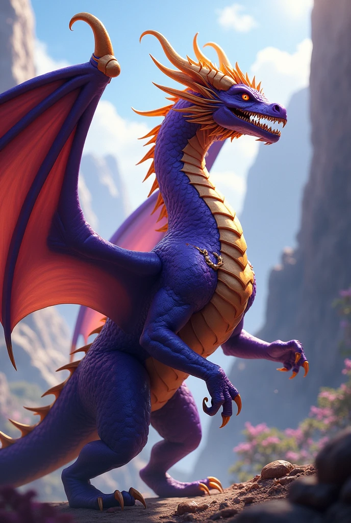 3D RPG Purple And Gold Dragon from backside view and Striking a Mean look ready to go on adventure and kill