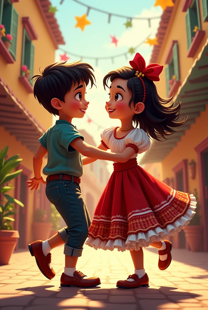 A  school boy and girl, Dancing merengue music with their traditional costumes Highlighting their childhood and rhythm