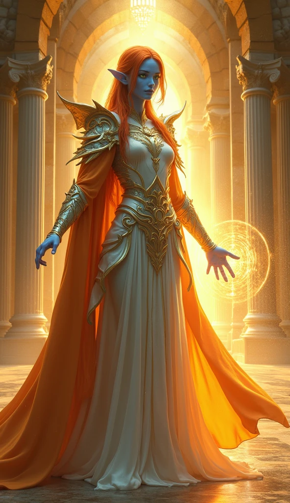 fantasy portrait  art, dnd art, RPG art, wide shot, (masterpiece: 1.4) intense details, highly detailed, photorealistic, best quality, highres, portrait a female (fantasy art, Masterpiece, best quality: 1.3) ((blue skin: 1.5)), intense details facial details, exquisite beauty, (fantasy art, Masterpiece, best quality) cleric, (blue skinned: 1.3) female, (red and orange hair: 1.3), long hair, ((no ears: 1.5)), (green eyes: 1.3), casting yellow radiant spell, wearing heavy (white armor: 1.3), wearing high heeled boots, wearing an (orange cloak:1.3), wearing glowing holy symbol, within fantasy temple background, reflection light, high details, best quality, 16k, [ultra detailed], masterpiece, best quality, (extremely detailed), close up, ultra wide shot, photorealistic, RAW, fantasy art, dnd art, fantasy art, realistic art,((best quality)), ((masterpiece)), (detailed), perfect face, art by mooncryptowow