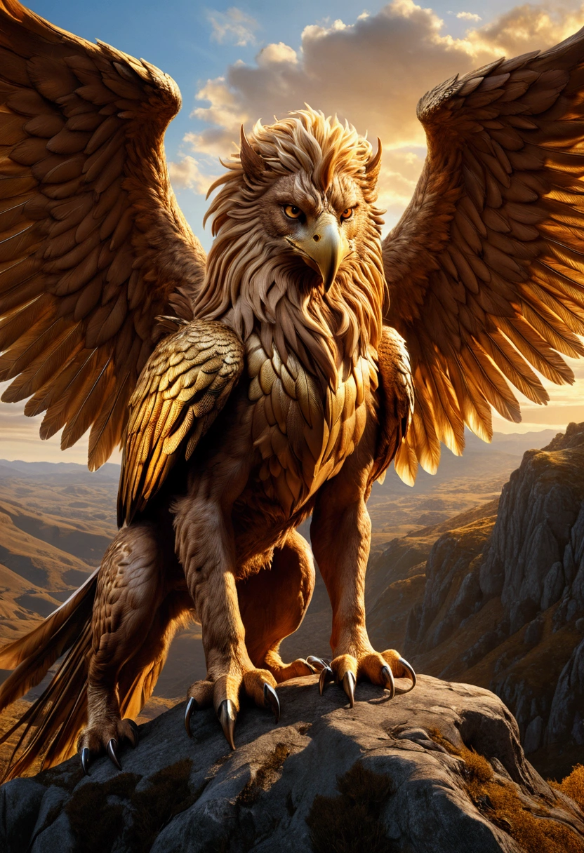 Griffin, a griffin, highly detailed, cinematic lighting, dramatic angle, fantasy art, muscular body, sharp talons, piercing eyes, majestic wings, powerful presence, rugged terrain, golden hour, dramatic shadows, intricate feather texture, flowing mane, 8k, masterpiece, best quality, very aesthetic, absurdres