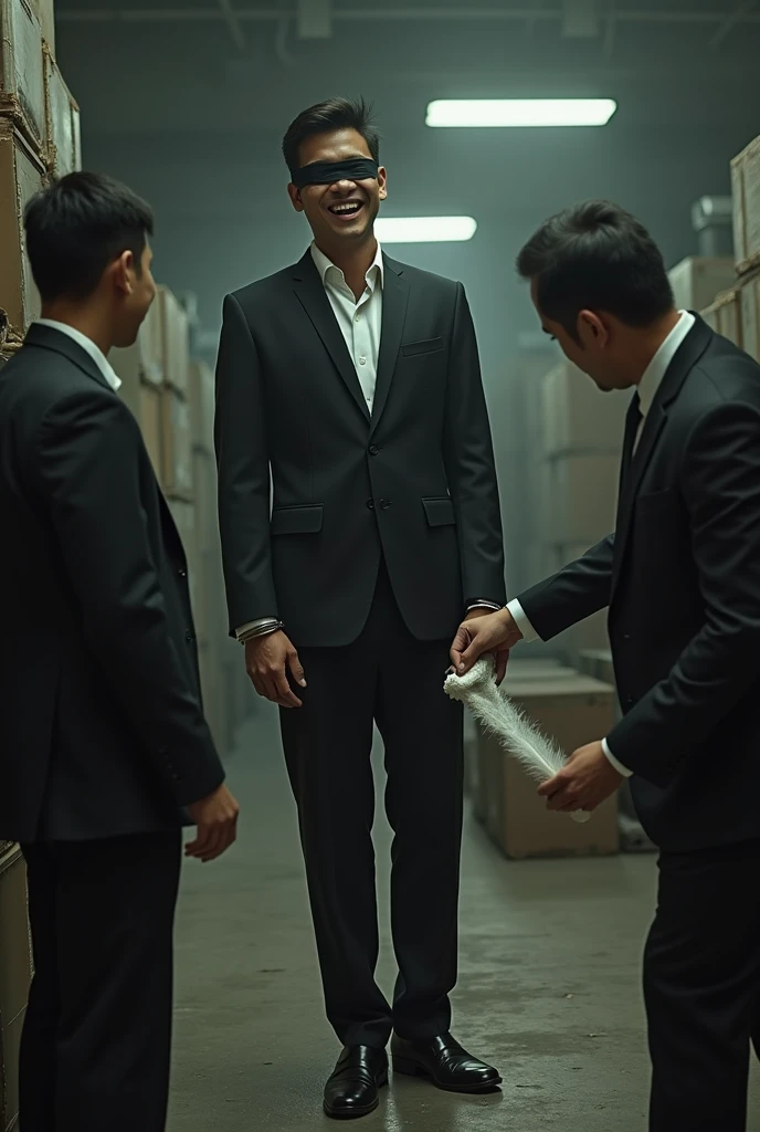 Malaysia malay handsome 19 years 
His handcuff  in warehouse 
Blindfolded
Black Suit 
2 man tickle his feet
1 man take off  his socks
1  man holding feather tickle his feet 
He laugh very hard
