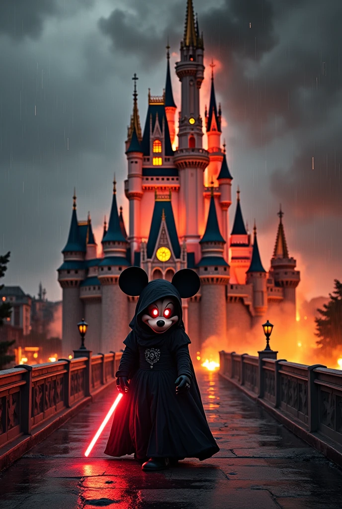 A photo of the Cinderella Castle, visibly collapsing and burning, with parts of the structure crumbling down, surrounded by smoke and flames. In front of the crumbling castle, Mickey Mouse has transformed into a dark fantasy character, dressed in a black, flowing Sith robe from Star Wars with intricate detailing. Mickey's large, round ears stick out slightly from beneath the hood, and his eyes glow a bright, solid red, with no visible pupils or blackness, creating a truly terrifying and otherworldly appearance. He walks alone, head down, across the entrance bridge leading away from the castle, exuding an ominous and menacing presence. His red lightsaber drags slightly along the ground, leaving a trail of sparks. The dark energy swirls around him as he slowly emerges from the chaos. Sparks of fire are scattered throughout the entire image, intensifying the fiery atmosphere. Above, the sky is pitch black, and black rain falls heavily, adding to the apocalyptic and eerie mood of the scene.