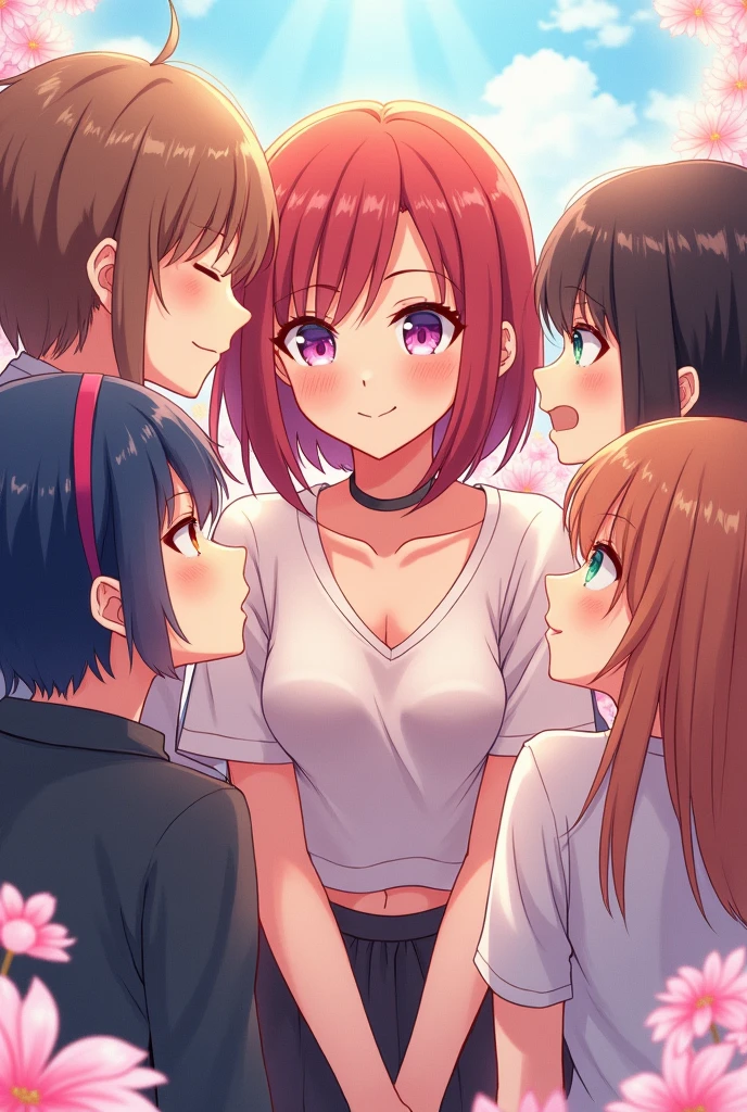 Make an anime image of a character in the middle with several characters around him flirting with him that looks like fanart
