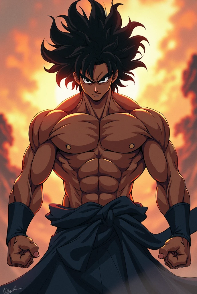 A male anime character with curly black hair, strong and powerful 