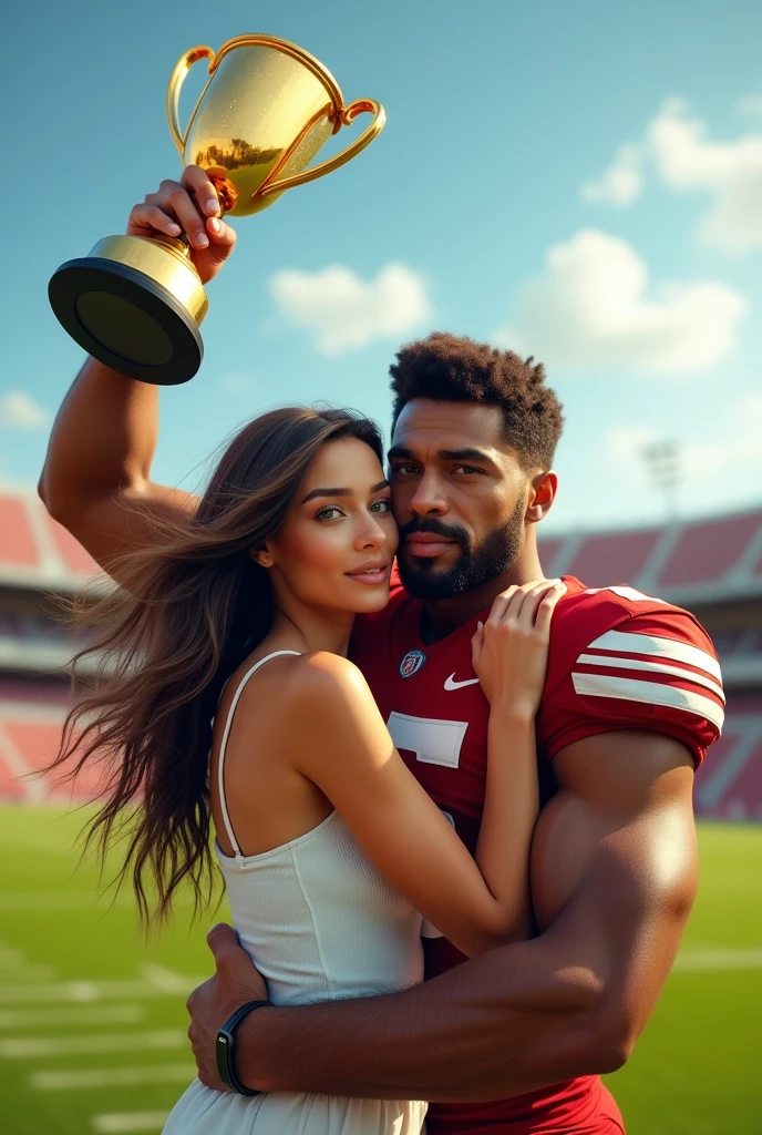 Brown hair, A beautiful girl with brown eyes, green Eyed, A brunette football player and a man lifting a trophy together on the football field 