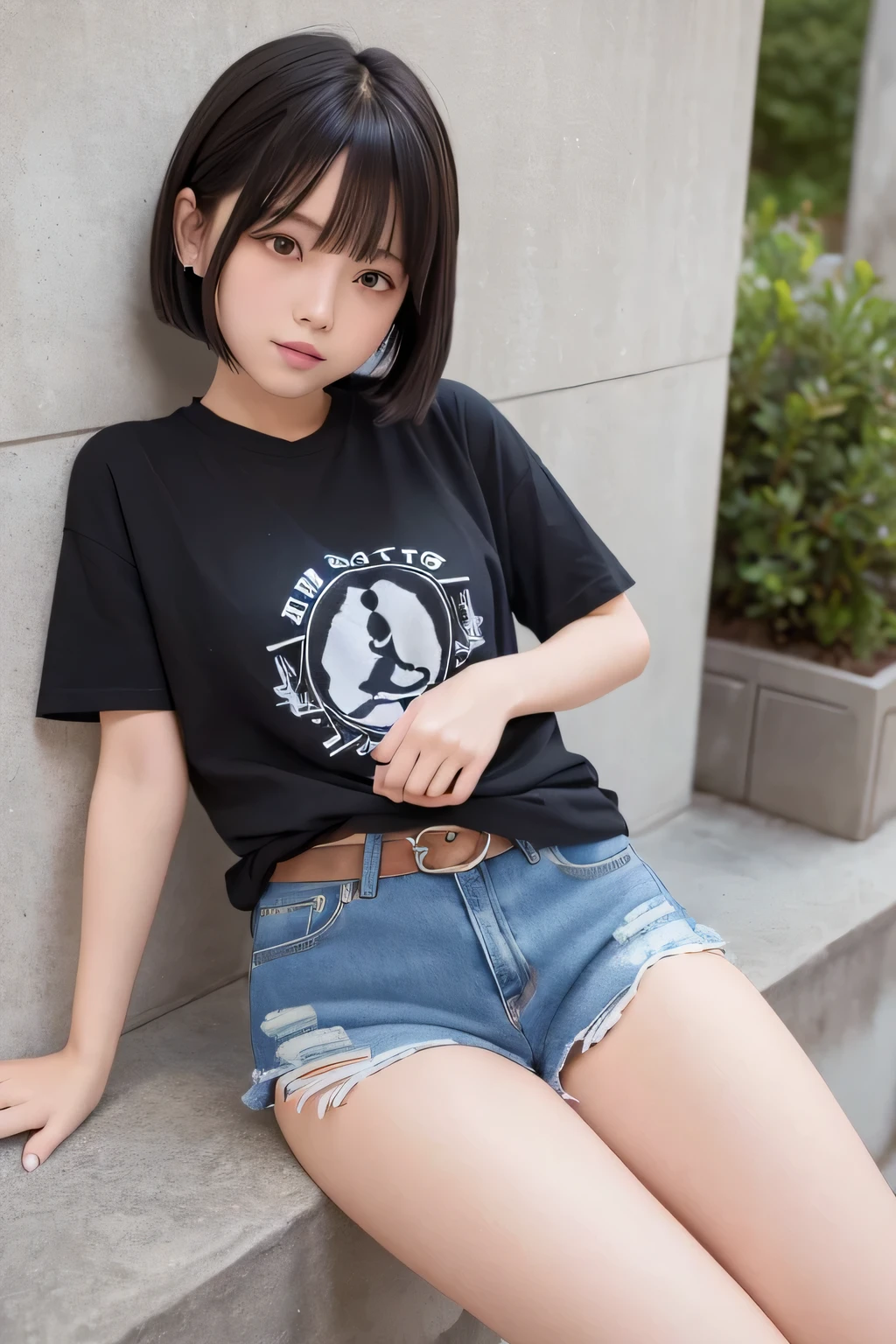 Extremely short, tight, and skinny denim shorts、Beautiful girl.,she is cute and beautiful like an idol.,She is pure and innocent.,She is wearing a T-shirt,High socks and sneakers.Japanese,Black short bob,A shy smile