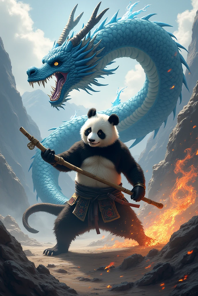 A ninja panda preparing for battle against a fire and ice breathing dragon