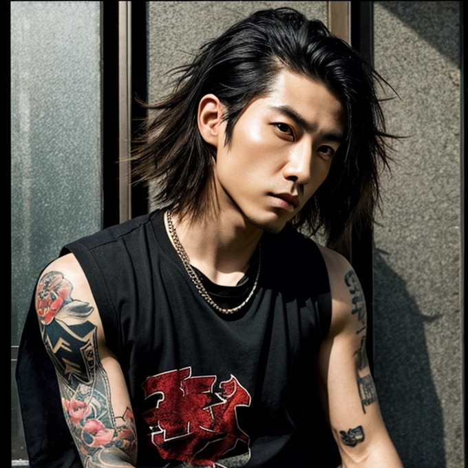 1 man, Japanese man, male, Asian eyes, muscular, broad shoulders, yakuza tattoos, hairstyle Visual Kei style, hair Visual Kei, black men's shirt and black pants, ultra detailed face, hyperrealistic, realistic representation, long hair, long hair, 30 years old, age 30 years, blonde hair