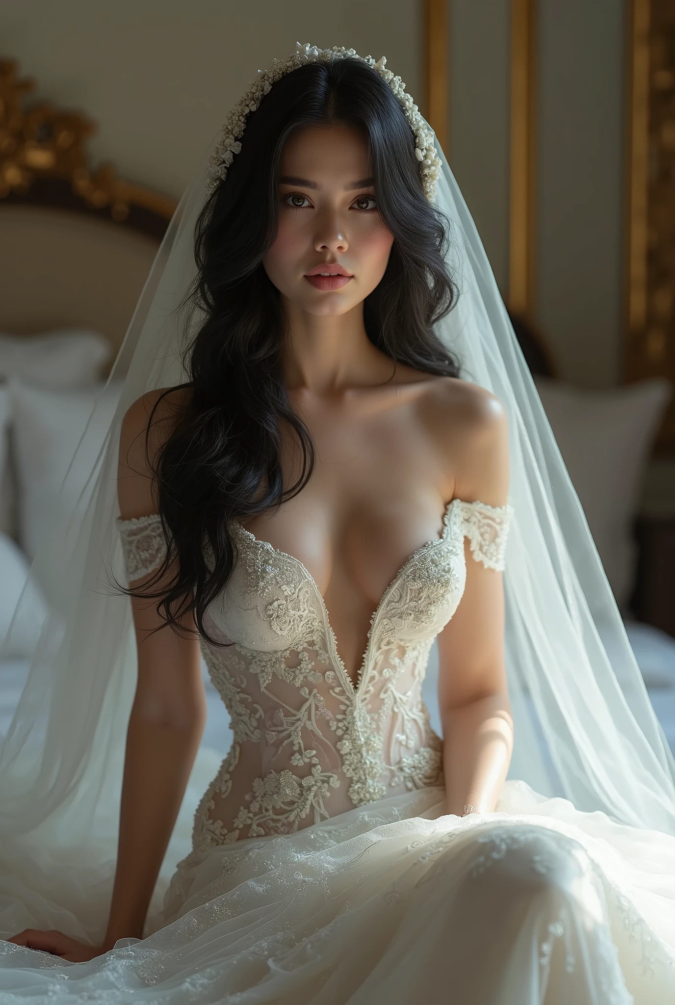 A solitary woman sits elegantly on a plush bed, dressed in a stunning and detailed wedding gown and veil. Her black hair cascades gracefully around her shoulders as she wears delicate lingerie underneath, exuding a sense of quiet sophistication. The focus is on her defined features and subtle lipstick, adding a touch of allure to her bridal appearance.