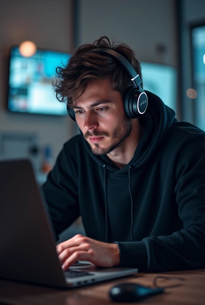 A man with short, wavy hair sitting in a chair at a table while using a laptop, usa headphones e um hoodie preto
