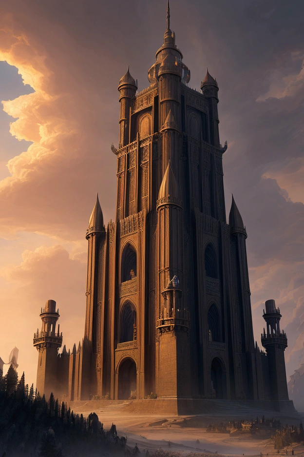 a majestic tower of mages with a grand entrance gate, surrounded by towering walls and observation towers, the top of the tower features a massive telescope, intricate architecture, fantasy landscape, dramatic lighting, highly detailed, cinematic, 8k, award-winning artwork, digital painting, concept art, epic, dramatic, moody, warm colors, glowing effects