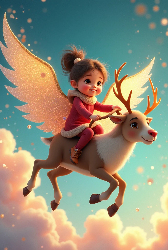 A little cute girl with big eyes is riding on a reindeer who gas glitter wings. It magical. It is flying in the air. Animated. 
Rainbow in background. And glitter is behind them. Christmas colors. 