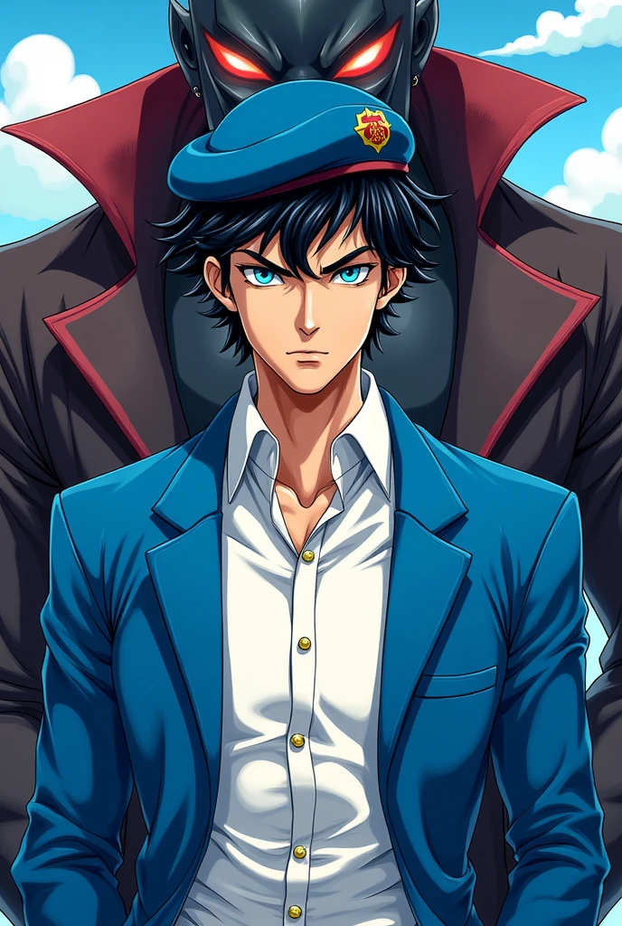 I want a drawing of a man in the style of JoJo, skin fair, blue colored eyes, Bblack hair, white shirt, blue jacket and beret, bad face and his stand behind